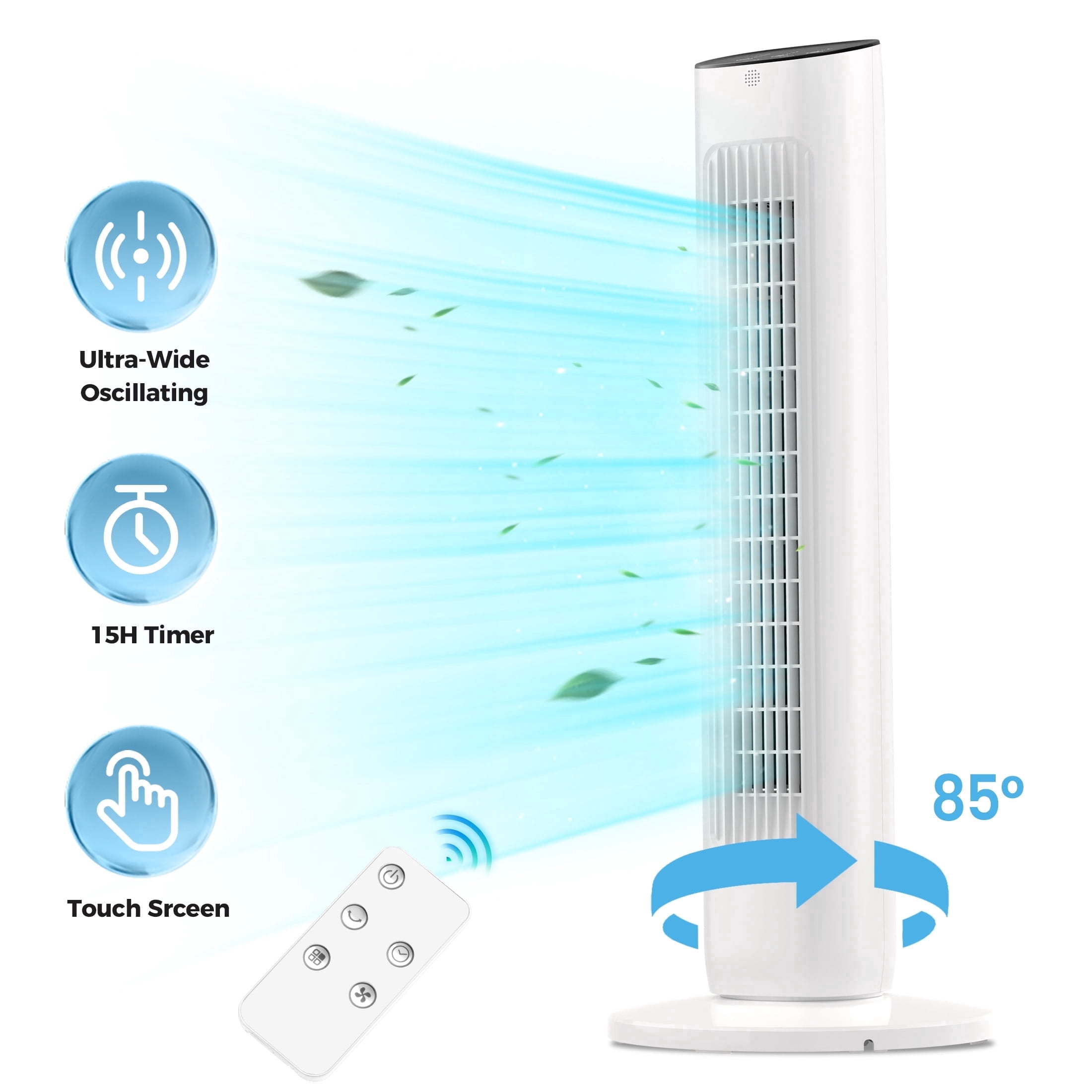 KISSAIR 31" Tower Fan with Remote, 3 Speeds, 2 Modes, LED Display, 15H Timer, 85° Oscillating, Bladeless Quiet Fan for Bedroom, Home & Office, White