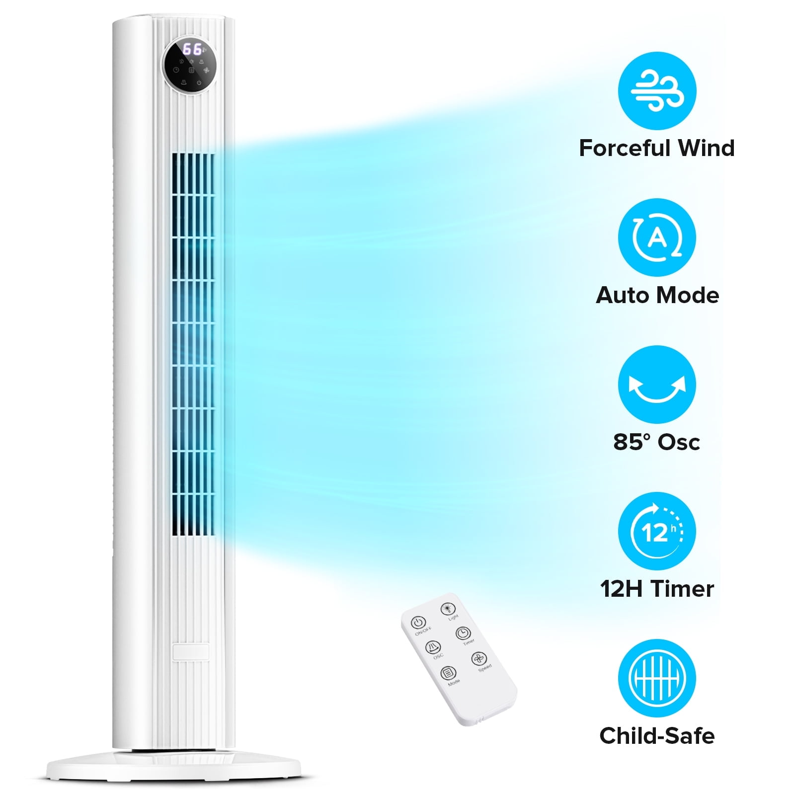 KISSAIR 35" Oscillating Tower Fan, Bladeless Floor Fan with Remote, 4 Modes & 3 Speeds, 12H Timer, Quiet & Family-Safe, LED Display, 85° Wide Cooling for Bedroom & Home (White)