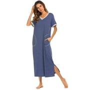 KISSGAL Long Nightgown for Women V Neck Short Sleeve Nightdress Loose Full Length Night wear with Pocket Slit on Sides