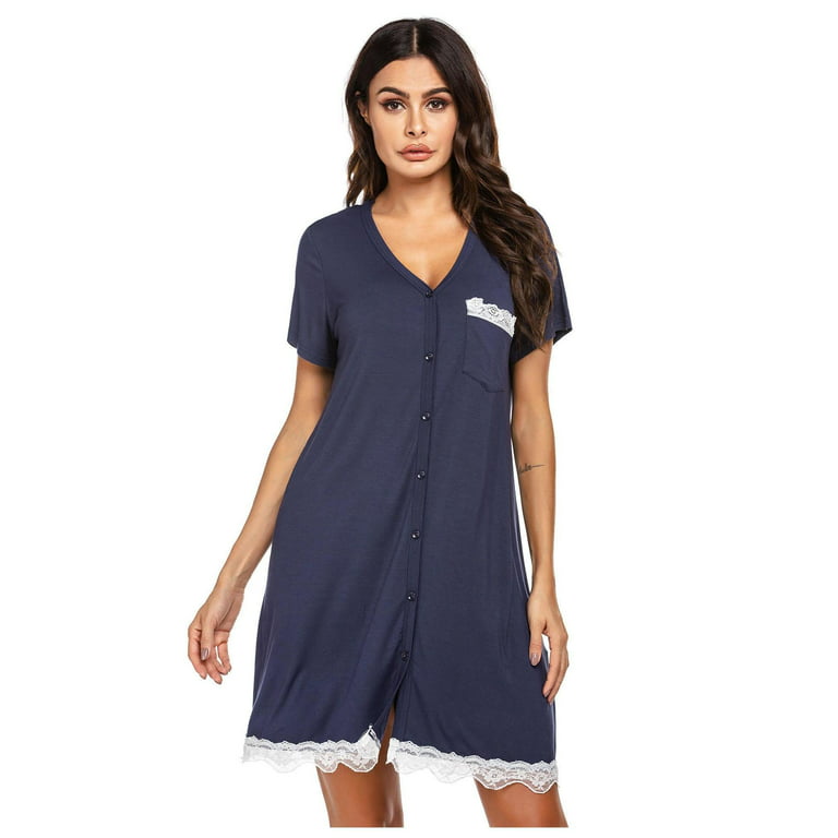 KISSGAL Nightgowns for Women Button Down Pajamas Dress V-Neck Short Sleeve  Night Shirts Sleepwear S-XXXL 