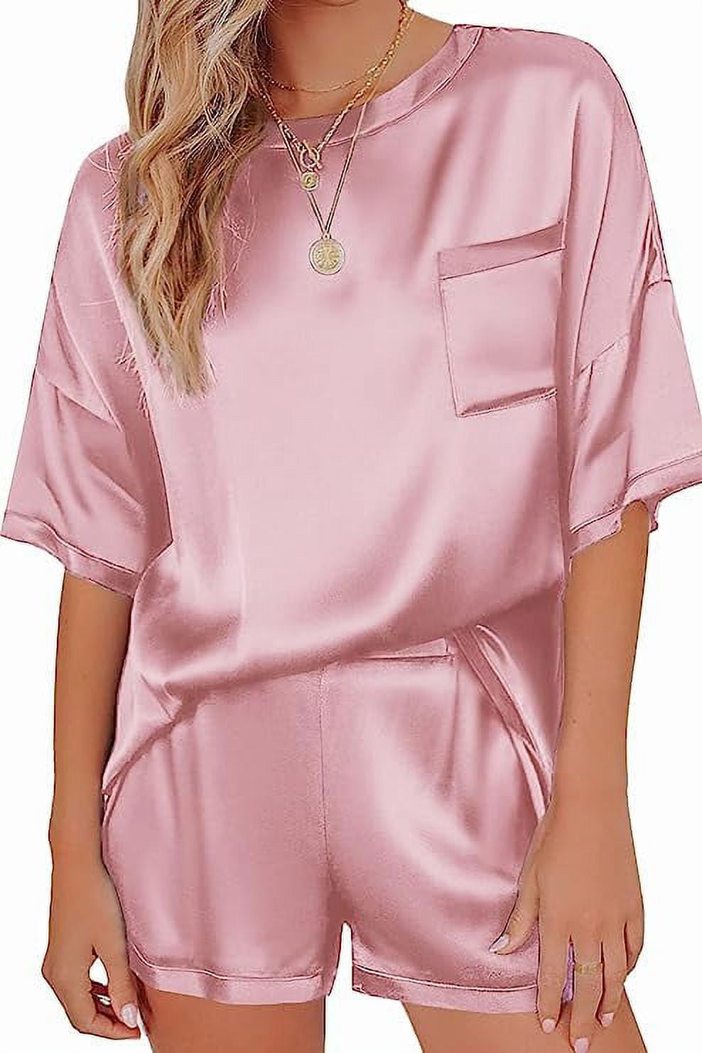 KISSGAL Satin Pajama for Women Silk PJ Set Short Sleeve Tops and Shorts