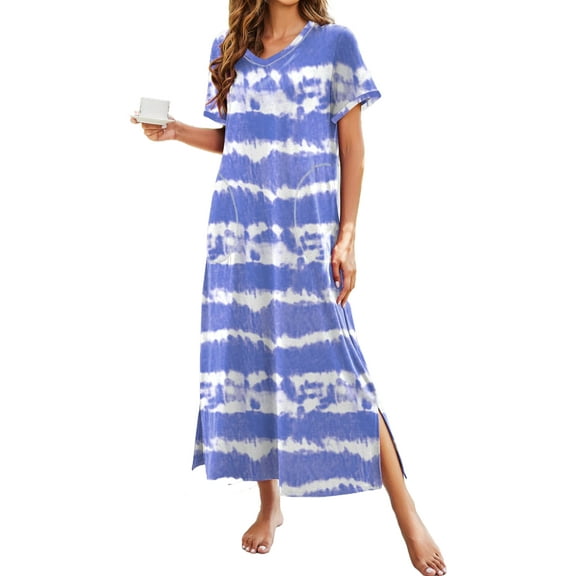 KISSGAL Women Long Nightgowns Short Sleeve Full Length Nightshirt Side Split Nightdress Sleepwear with Pockets