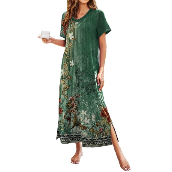 KISSGAL Women Long Nightgowns Short Sleeve Full Length Nightshirt Side Split Nightdress Sleepwear with Pockets
