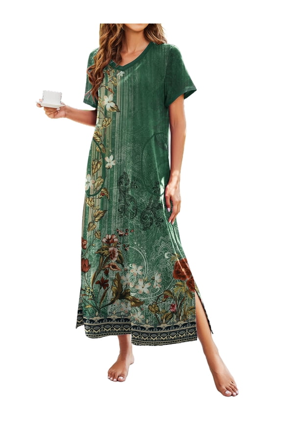 Women Long Nightgowns Short Sleeve Full Length Nightshirt Side Split Nightdress Sleepwear with Pockets