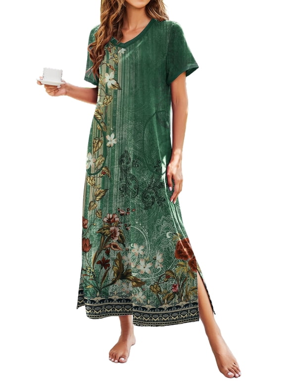Women Long Nightgowns Short Sleeve Full Length Nightshirt Side Split Nightdress Sleepwear with Pockets