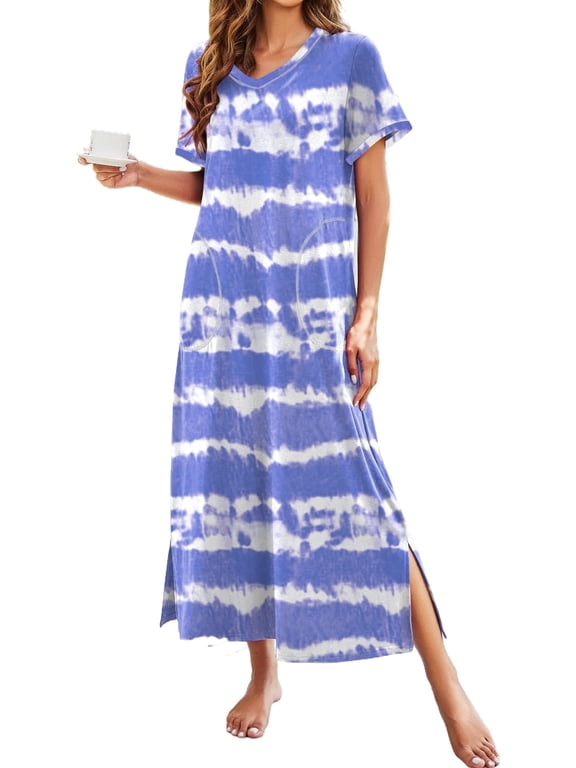 Women Long Nightgowns Short Sleeve Full Length Nightshirt Side Split Nightdress Sleepwear with Pockets