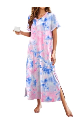 Women Long Nightgowns Short Sleeve Full Length Nightshirt Side Split Nightdress Sleepwear with Pockets