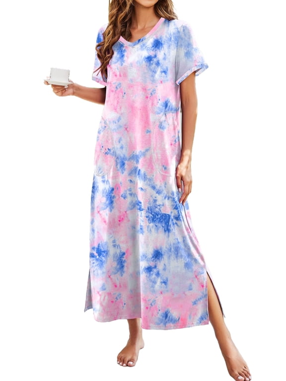 Women Long Nightgowns Short Sleeve Full Length Nightshirt Side Split Nightdress Sleepwear with Pockets