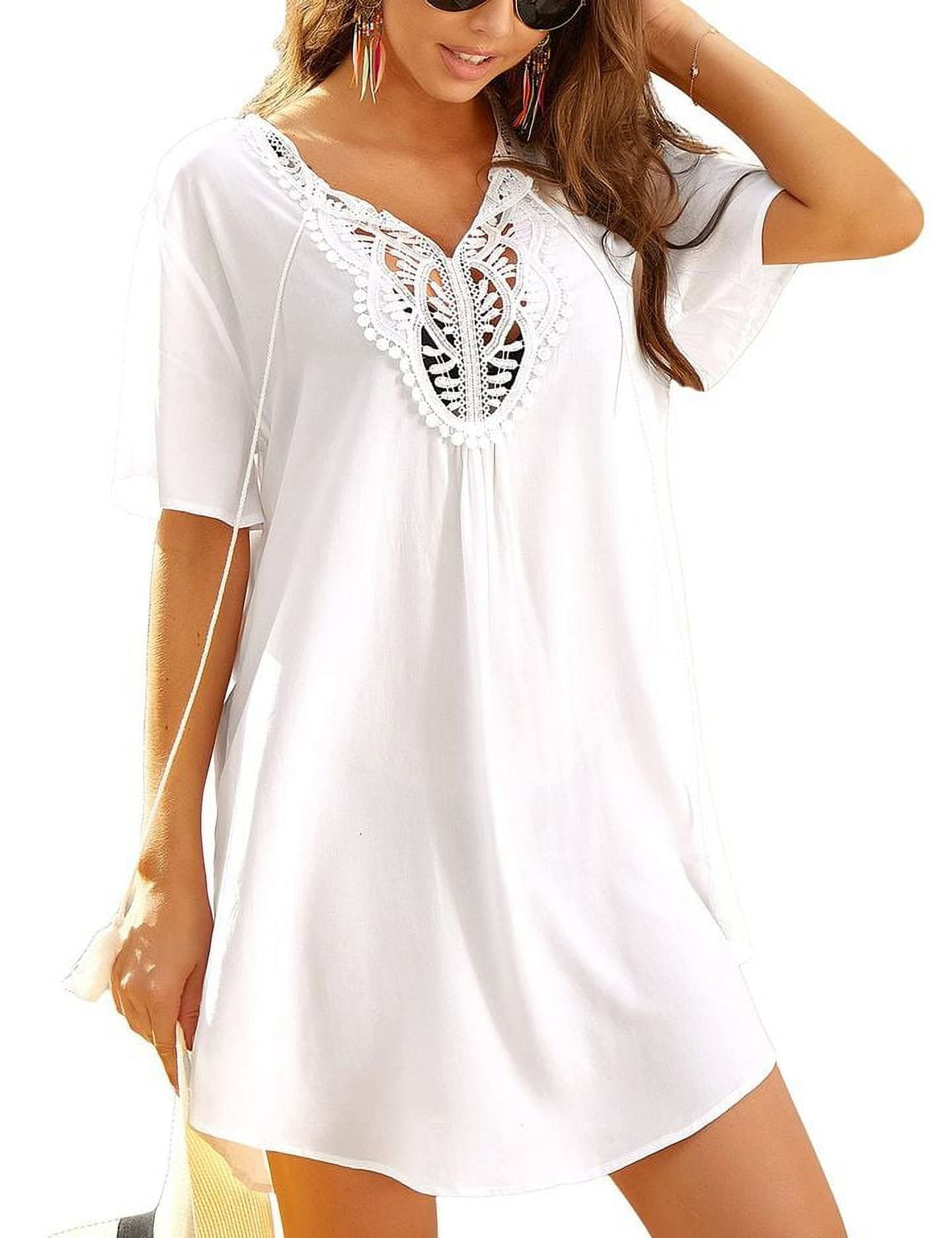 KISSGAL Women Swimsuit Cover Ups Lace Crochet Loose V-Neck Hollow Out ...