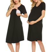 KISSGAL Women's Maternity Nursing Nightgowns Labor and Delivery Nightdress Short Sleeve Zipper Breastfeeding Sleepwear Navy Blue S