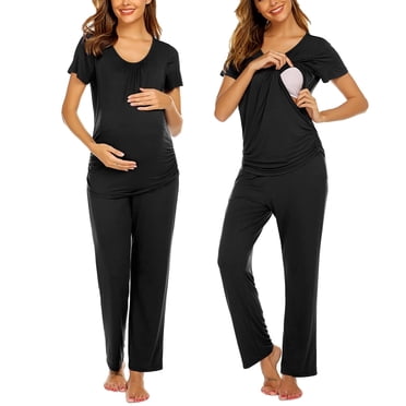 2-Pack V Neck Nursing Pajamas Set - Maternity Breastfeeding Sleepwear With Pockets For Women