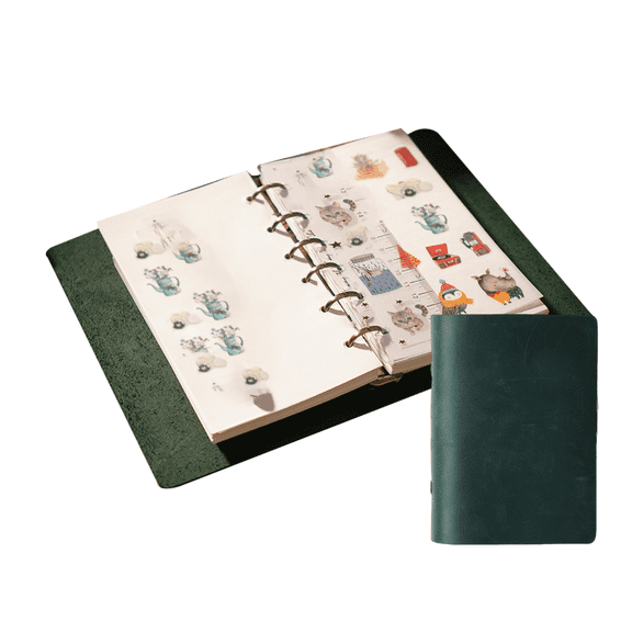 KISSKI A7 6 Ring Leather Planner Binder, Small Refillable Journals for Men and Women, Travelers Notebook insert, 5.7 x 4in Lined Pocket Notebook for Writing Diary Organizer, Handmade Gift, Green