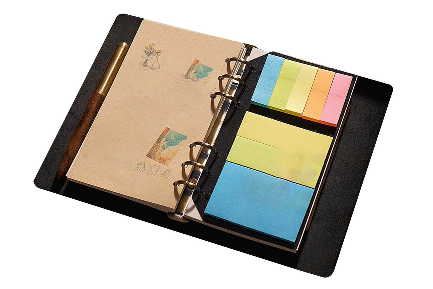 KISSKI·H Olvido A5 Leather Travelers Notebook, Refillable Writing Journal for Men/Women, 6 Ring Binder Notepad Holder with Lined, A5 Leather Cover, Handmade Diary Planner Organizer, 9x6.9in, Black