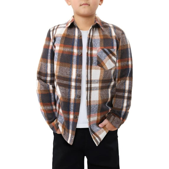 KISSMODA Boys Casual Button Down Shirts Kids Long Sleeve Plaid Blouses Shacket Jacket 7-15 Years