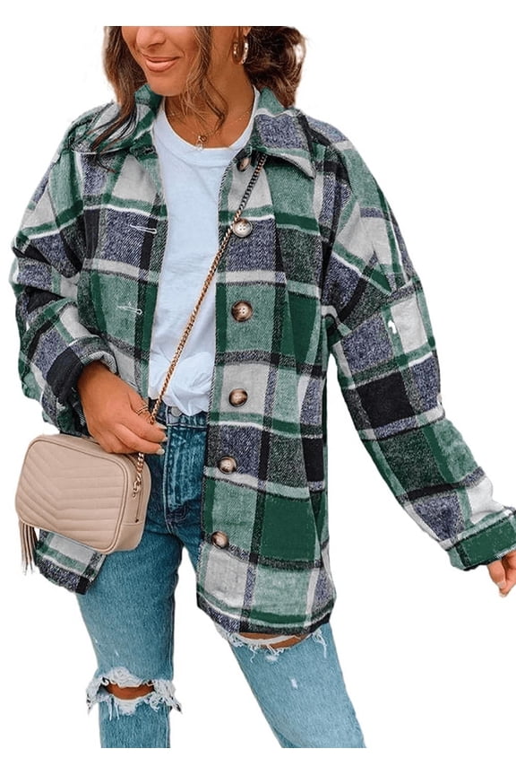 Button Down Plaid Flannel Shirts For Womens Casual Shacket Jacket Cuffed Boyfriend Tops With Pockets