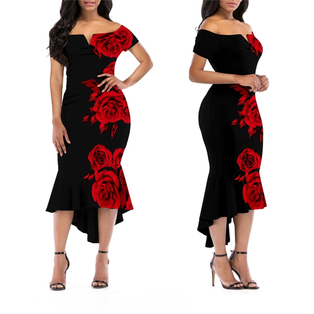 Kauounady Women Long Off Shoulder Elegant Evening Dress Flower Fashion  Elegant Dress Party Festive Womens Fashion Casual Summer Lighten Deals of  The Day Christmas Deals of The Day $5 and Under at