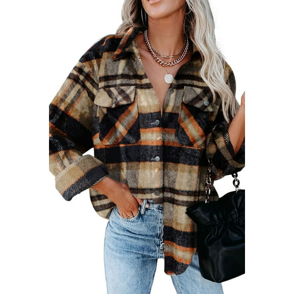 KISSMODA Flannel Jacket For Womens Plaid Shacket With Bust Pockets V Neck Cuffed Button Down Shirt