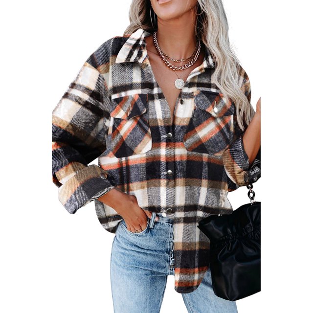 KISSMODA Flannel Shirts For Women Button Down Blouse Long Sleeve V Neck Pockets Loose Fit Spring Fall Palid Shacket Jacket Tops