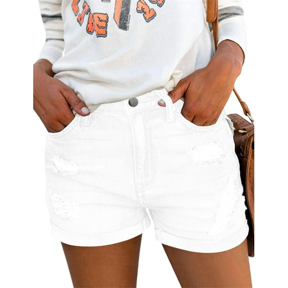 KISSMODA Frayed Ripped Jean Shorts for Women Stretchy White Denim Shorts With Pockets