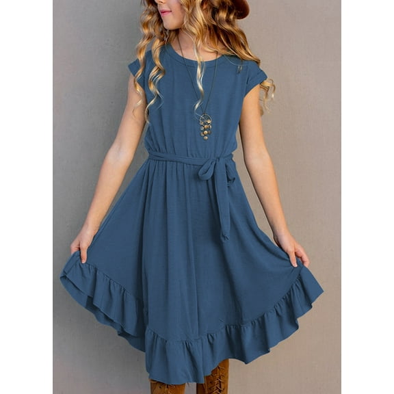 KISSMODA Girl's Solid Comfy Dresses Short Sleeve Round Neck Casual Summer Flared A Line Midi Dress 5-14 Years