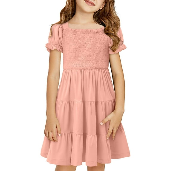 KISSMODA Girls Casual Smocked Dress Square Neck Puff Short Sleeve Ruffle Dresses 4-13 Years