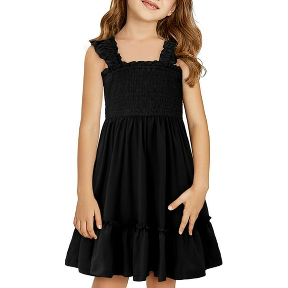 KISSMODA Girls Casual Smocked Dress Square Neck Puff Short Sleeve Ruffle Dresses 4-13 Years