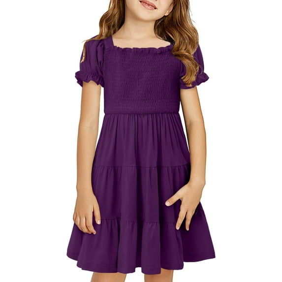 KISSMODA Girls Casual Smocked Dress Square Neck Puff Short Sleeve Ruffle Dresses 4-13 Years