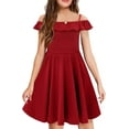 thumbnail image 1 of KISSMODA Girls Dress Casual Round Neck A Line Ruffle Sleeve Knee Length Dresses 4-13 Years, 1 of 4