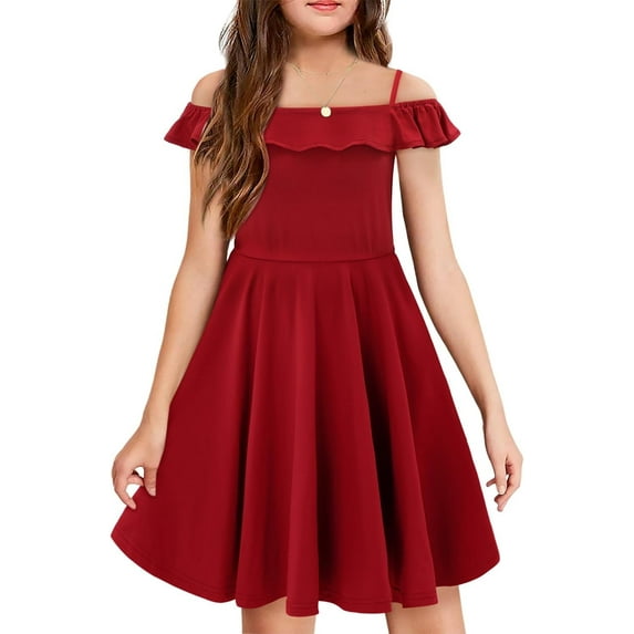 KISSMODA Girls Dress Casual Round Neck A Line Ruffle Sleeve Knee Length Dresses 4-13 Years