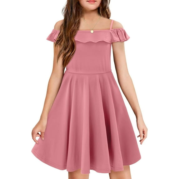 KISSMODA Girls Dress Casual Round Neck A Line Ruffle Sleeve Knee Length Dresses 4-13 Years
