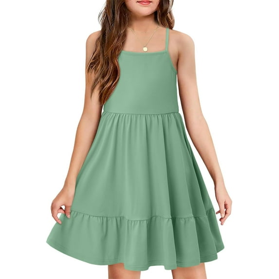 KISSMODA Girls Dress Casual Round Neck A Line Ruffle Sleeve Knee Length Dresses 4-13 Years