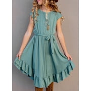 KISSMODA Girls Dress Short sleeve Floor Length A Line Swing Midi Casual Sundress 5-14 Years