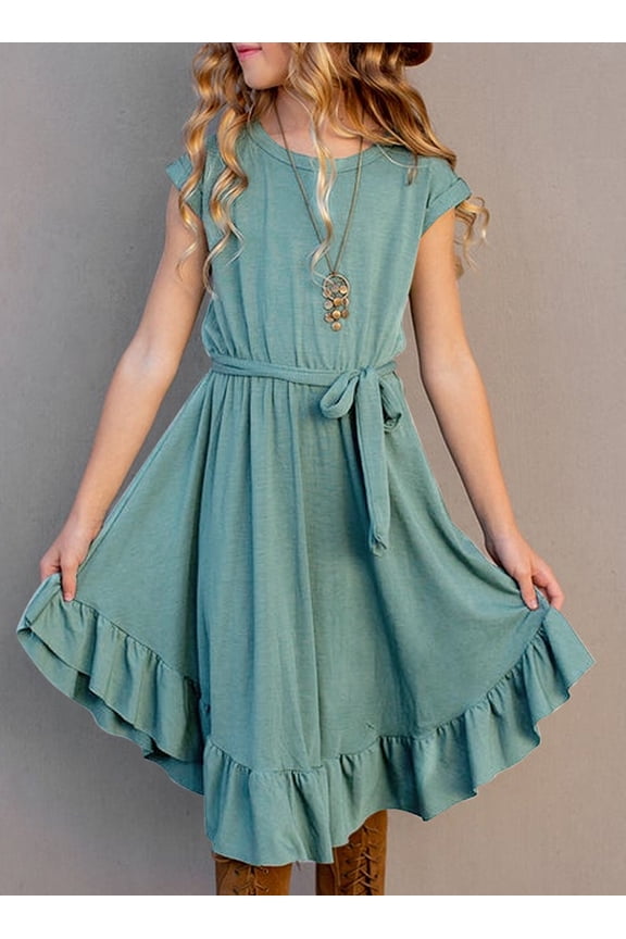 Girls Dress Short sleeve Floor Length A Line Swing Midi Casual Sundress 5-14 Years