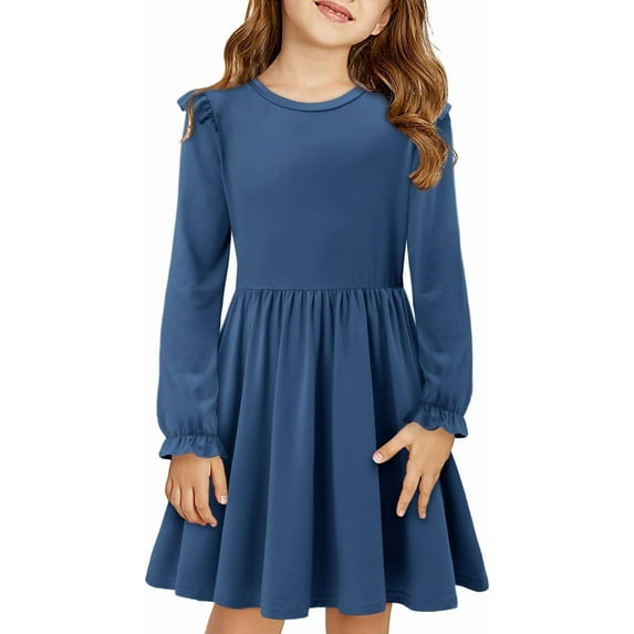 KISSMODA Girls Long Sleeve Casual A-Line Ruffle Skater Dress, 4-22 Years