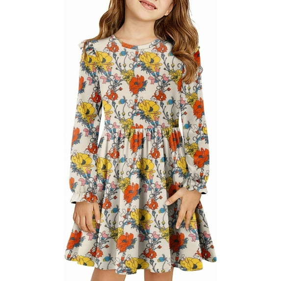KISSMODA Girls Long Sleeve Casual A-Line Ruffle Skater Dress, 4-41 Years
