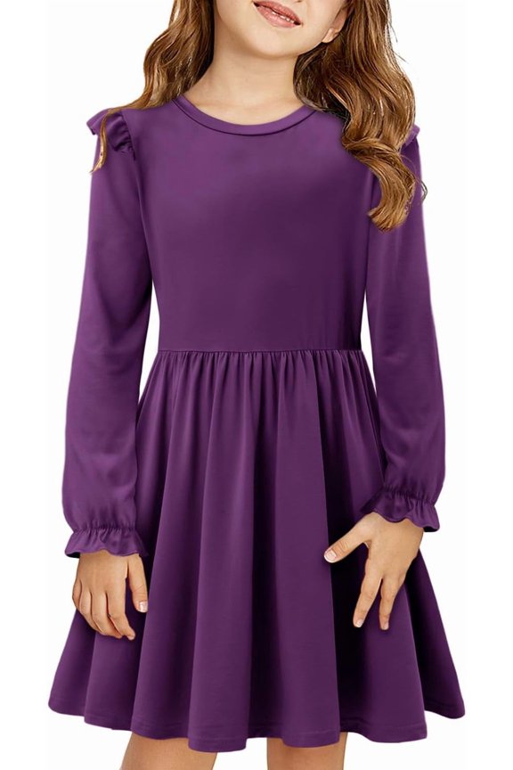 Girls Long Sleeve Casual A-Line Ruffle Skater Dress, 4-54 Years