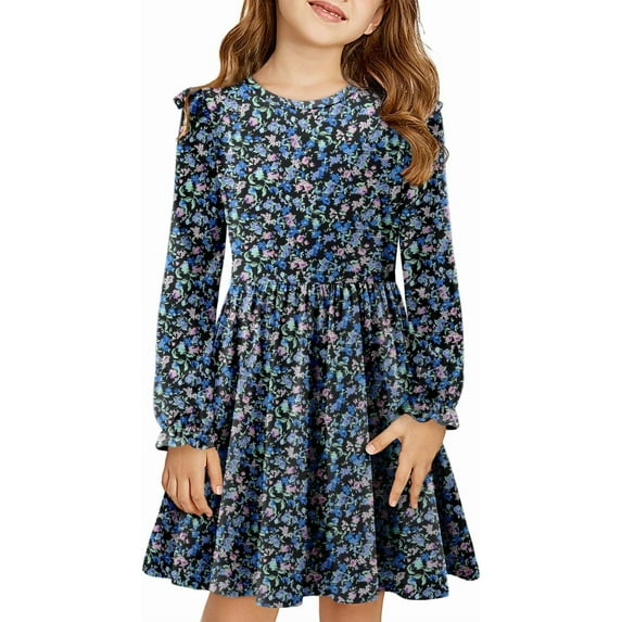 KISSMODA Girls Long Sleeve Casual A-Line Ruffle Skater Dress, 4-61 Years
