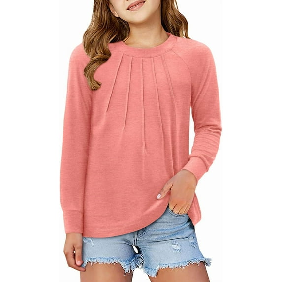 KISSMODA Girls Long Sleeve Casual Front Pleats Blouses & Tops, Round Neck, 4-14 Years