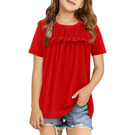 KISSMODA Girls Shirts Casual Short Sleeve Tops Round Neck Ruffle Flowy Tunic Blouses 5-14 Years