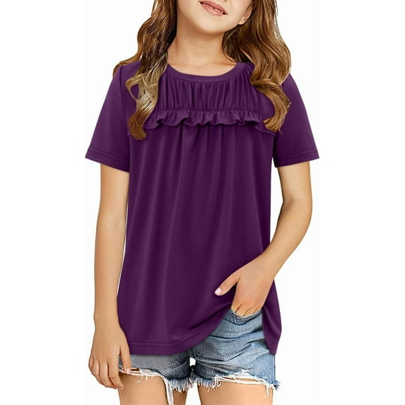 KISSMODA Girls Shirts Casual Short Sleeve Tops Round Neck Ruffle Flowy Tunic Blouses 5-14 Years