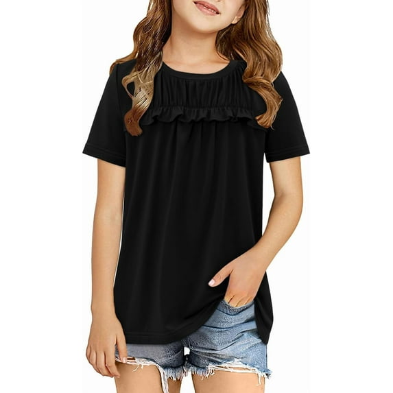 KISSMODA Girls Shirts Casual Short Sleeve Tops Round Neck Ruffle Flowy Tunic Blouses 5-14 Years