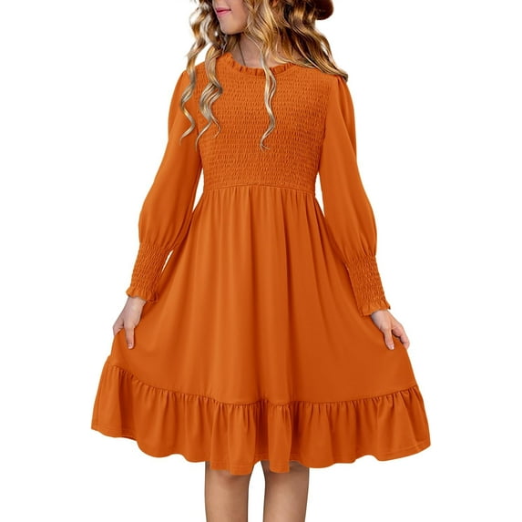 KISSMODA Girls Smocked Dress Casual Puff Long Sleeve Ruffle Neck Dresses 4-13 Years