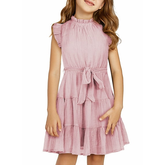 KISSMODA Girls Summer Dress Kids Floral Round Neck Short Sleeve A-Line Midi Dresses 5-13 Years