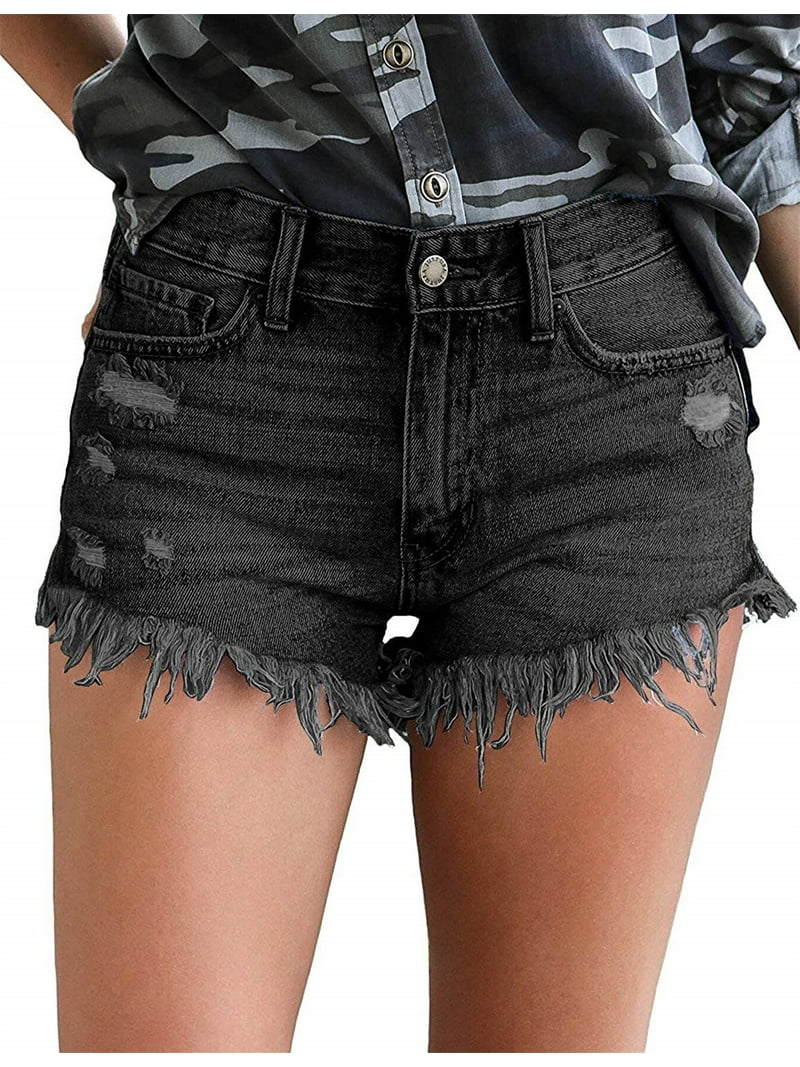 KISSMODA Women's Mid Rise Ripped Jean Shorts, High Waisted Black