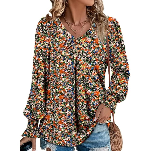 KISSMODA Women's Long Sleeve Comfy V-Neck Blouse & Tunic Tops, S-2XL