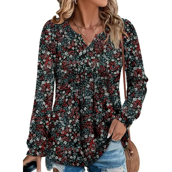 KISSMODA Women's Long Sleeve Comfy V-Neck Blouse & Tunic Tops, S-2XL