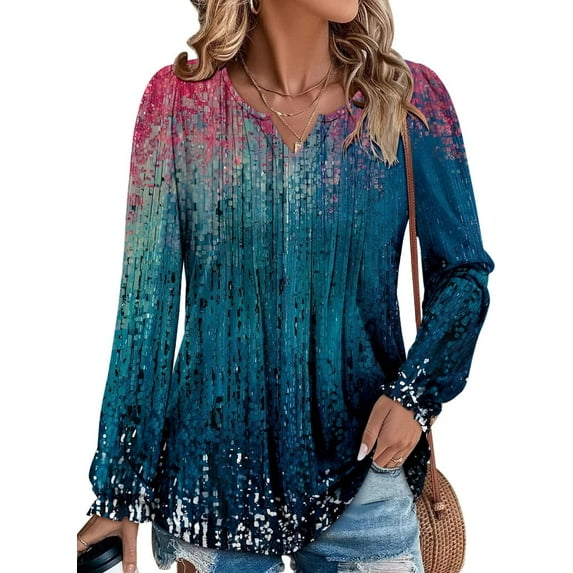 KISSMODA Women's Long Sleeve Comfy V-Neck Blouse & Tunic Tops, S-2XL