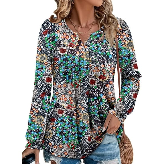 KISSMODA Women's Long Sleeve Comfy V-Neck Blouse & Tunic Tops, S-2XL