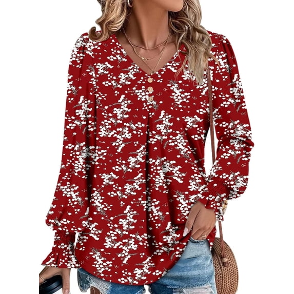 KISSMODA Women's Long Sleeve Comfy V-Neck Blouse & Tunic Tops, S-2XL