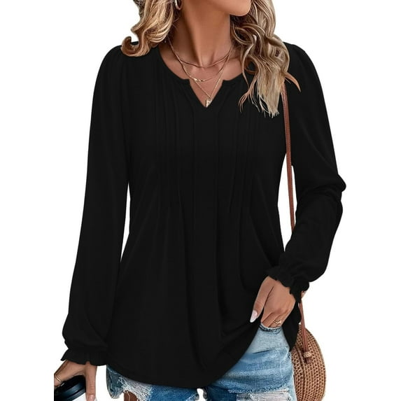 KISSMODA Women's Long Sleeve Comfy V-Neck Blouse & Tunic Tops, S-2XL
